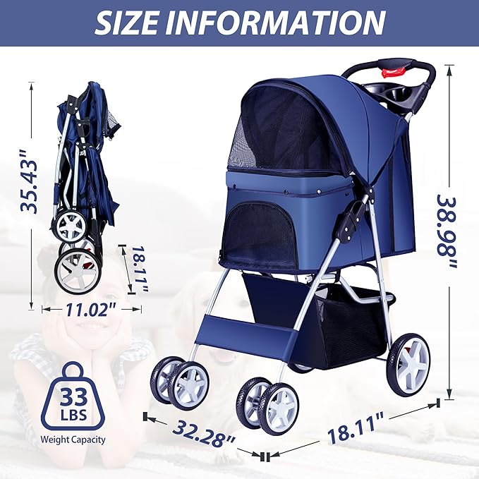 4 Wheels Pet Stroller for Small Medium Dogs Cats 10-33 lbs, Foldable Dog and Cat Stroller with Cup Holder & Storage Basket & Breathable Mesh, Pet Strolling Cart for All-Season, Navy Blue-PurrikoPets