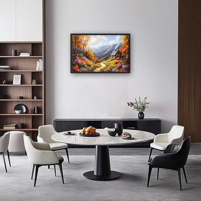 Framed Large Autumn Mountain Wall Art for Living Room, Oversized Wildflower Tree Wall Decor Nature Landscape Canvas Painting Modern Artwork Home Decoration for Living Room Bedroom 36"x24"-PurrikoPets