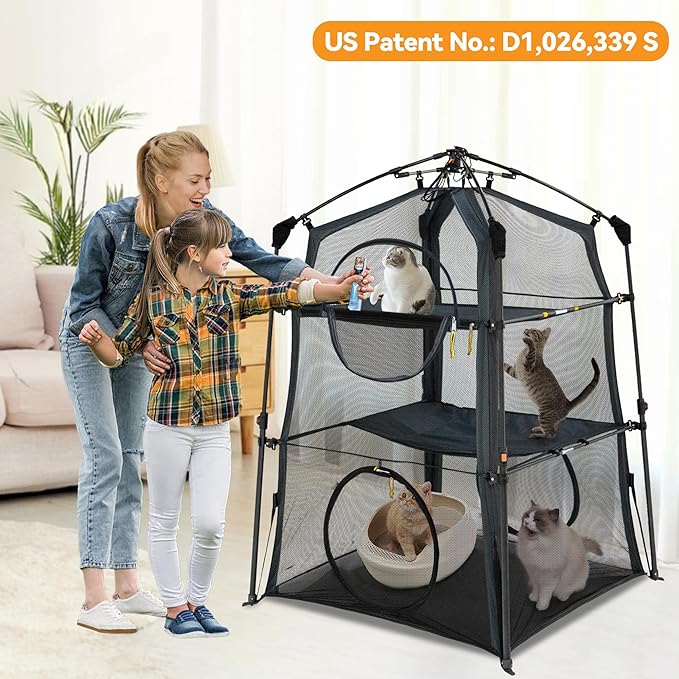 Extra Large Catio Outdoor Cat Enclosure,3 Tier Cat Tower Tent Weatherproof & Sunproof with 3 Doors, Foladable and Portable for Patio, Deck,Camping, Indoor & Outdoor(Patented)-Wave Shade-PurrikoPets