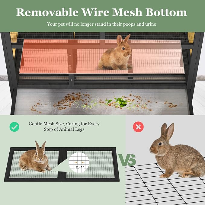 46.7" Rabbit Cage Elevated Bunny Cage Indoor, Outdoor Rabbit Hutch Hamster Cages for Small Animals, Wooden Guinea Pig Cages with Removable Tray & Waterproof Asphalt Roof & Bottom Wire Mesh-PurrikoPets