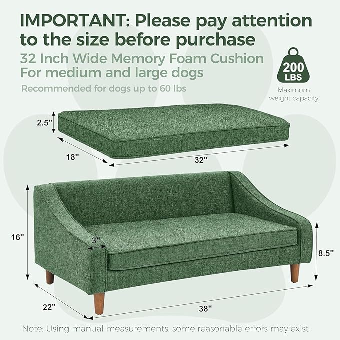 Dog Sofa Couch for Medium to Large Dogs, Durable Pet Sofa with Washable Fabric, Elevated Mini Dog Bed with Wooden Legs for Medium and Large Dogs, Dark Grey-PurrikoPets