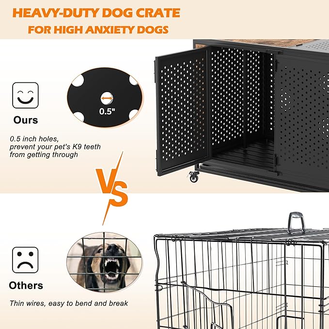 48" Heavy Duty Dog Crate Furniture for Extra Large Dogs, Enclosed Design with 0.5 inch Holes, Indestructible Metal Kennel for High Anxiety Dogs, Chew Proof Pet Cage House Indoor, Brown-PurrikoPets