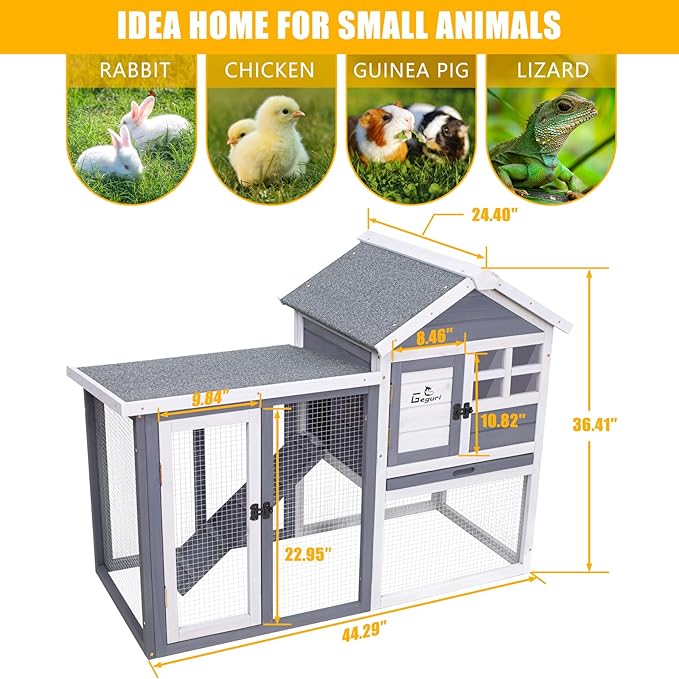 GEGURI Large Rabbit Hutch Indoor Outdoor Chicken Coop Wooden Bunny Cage with Waterproof Roof (48''L x 24''W x 36''H Grey)-PurrikoPets