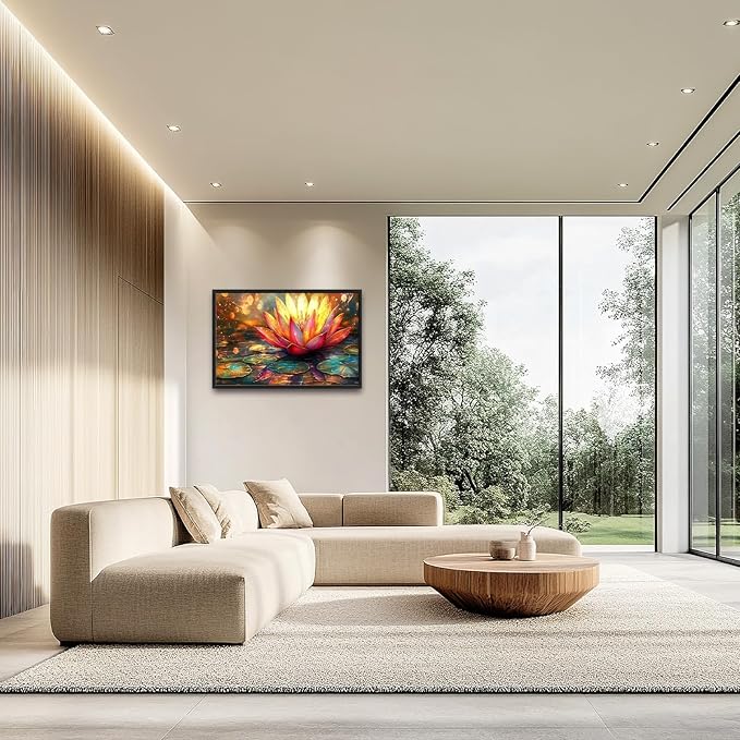 Framed Large Lotus Wall Art for Living Room, Oversized Lotus Flower Wall Decor Zen Golden Floral Canvas Painting Modern Artwork Home Decoration for Living Room Bedroom Office 36"x24"-PurrikoPets