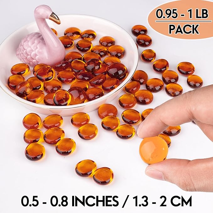 1LB Glass Marbles, Transparent and Smooth Flat Glass Beads for Vases, Mosaic Gem Pebbles for Aquarium Decor, Floral Arrangements, Mancala Stones, Vase Filler and Crafts, Orange-PurrikoPets