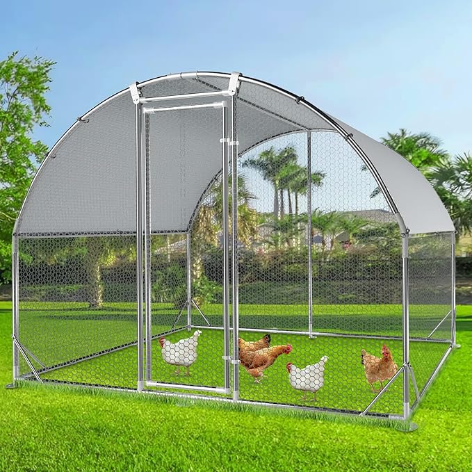 4ever2buy Large Metal Chicken Coop with Run Walk-in Poultry Cage Chicken Runs House Pen Cage Dome Roofed Chicken Coops with Anti-Ultraviolet Cover for Outdoor Yard Farm Use 9.5'W x 6.45'L x 6.3'H-PurrikoPets