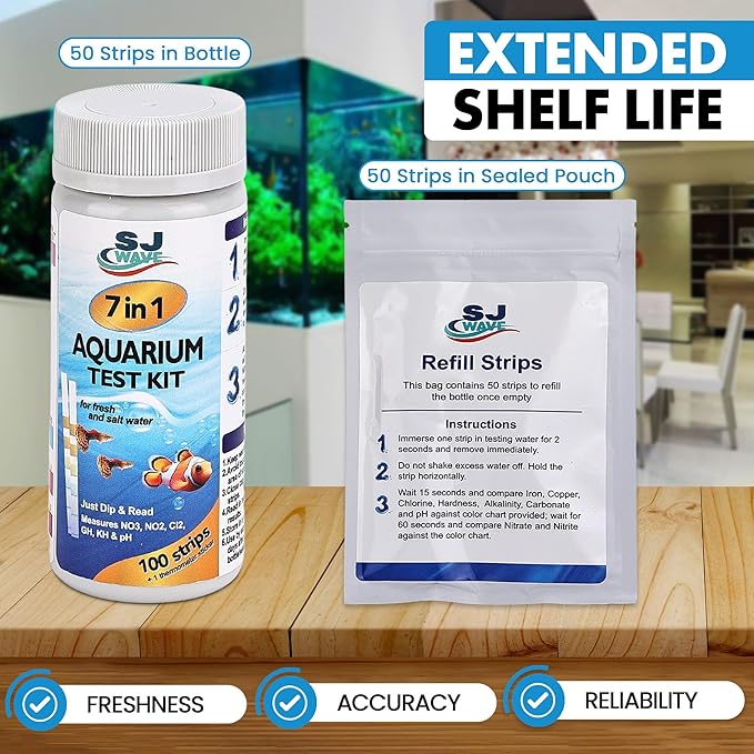 7 in 1 - Aquarium Test Strips | 100 Fast & Accurate Strips | Fish Tank Aquariums Water Test Kit & ebook | Aquarium Thermometer | Fish Tank Water Testing Kit for Fresh & Saltwater | Versatile Usage-PurrikoPets