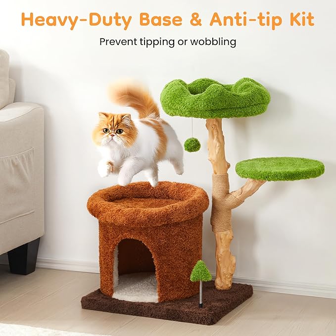 32-Inch Multi-Level Cat Tree Tower, Natural Wooden Cat Furniture with Sisal Scratching Posts, Beds & Condo, Cute Cat Tree for Indoor Cats, Multi-Cat Householdsolds-PurrikoPets