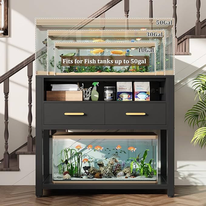 40-50 Gallon Aquarium Stand with Stable Metal Frame & Power Outlet, Heavy-Duty Fish Tank Stand with Waterproof Mat, 800LBS Capacity Storage Cabinet, Suitable for Turtle Tank, Reptile Terrarium, Black-PurrikoPets