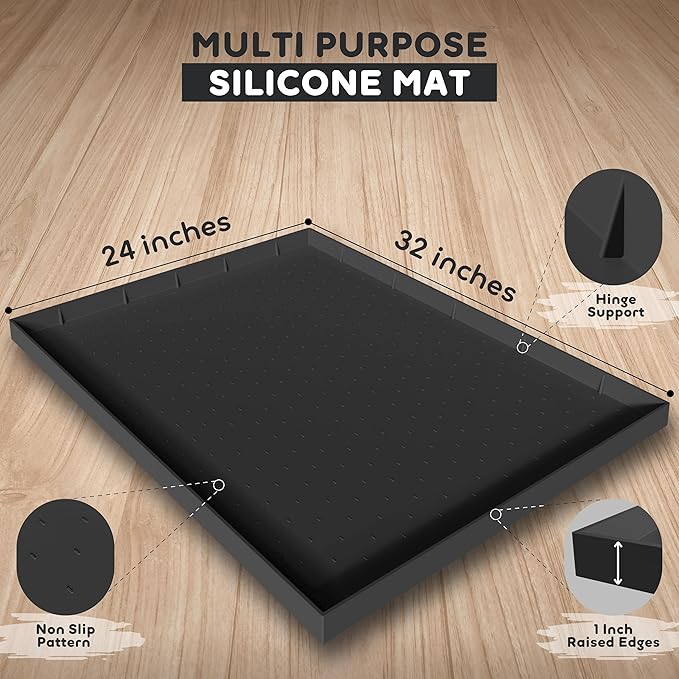 32x24x1” XL Dog Food Mat - All Purpose Under Sink Liner, Washer and Dryer Covers for The Top, Silicone Griddle Mat for Blackstone - Raised Edges Dog Mat for Food and Water Prevent Spill, Waterproof-PurrikoPets