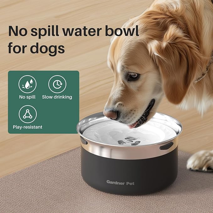 Gardner Pet Dog Bowls 1 Gallon (3.85L) Stainless Steel No Spill Dog Water Bowl, Slow Water Feeder Metal Bowls, Spill Proof Water Dispenser for Large Dogs, Promotes Healthy Hydration(Black)-PurrikoPets