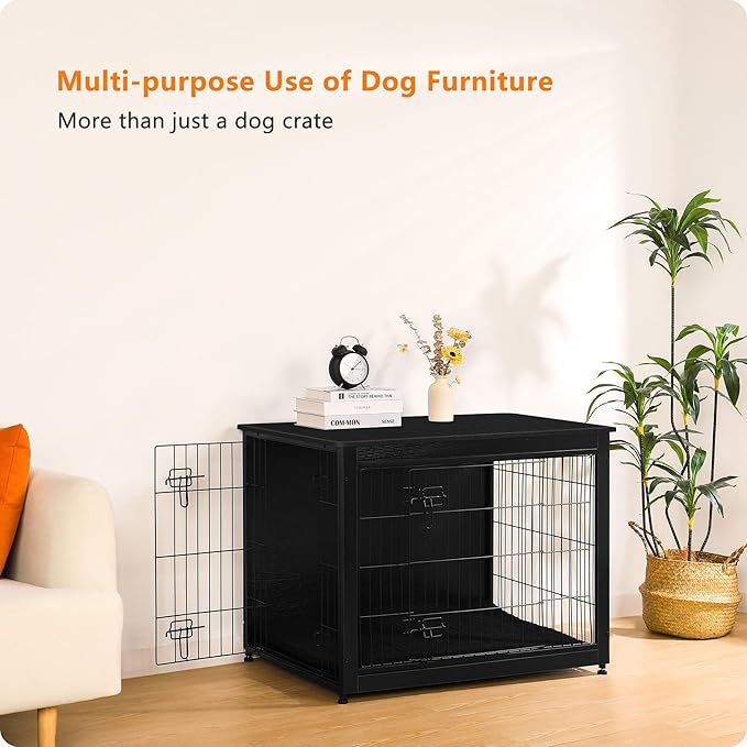 DWANTON Dog Crate Furniture with Cushion, Wooden Kennel Table with Double Doors, Indoor Dog House, Large Size, 38.5" L, Black-PurrikoPets