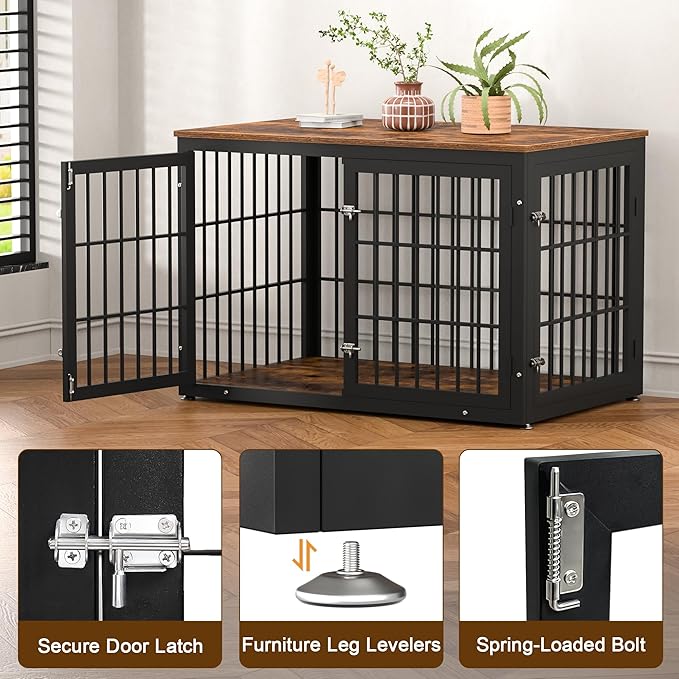 48 Inch Rustic Heavy Duty Dog Crate Furniture for Extra Large Dogs, Decorative Pet House End Table, Wooden Cage Kennel Furniture Indoor, Black and Brown-PurrikoPets