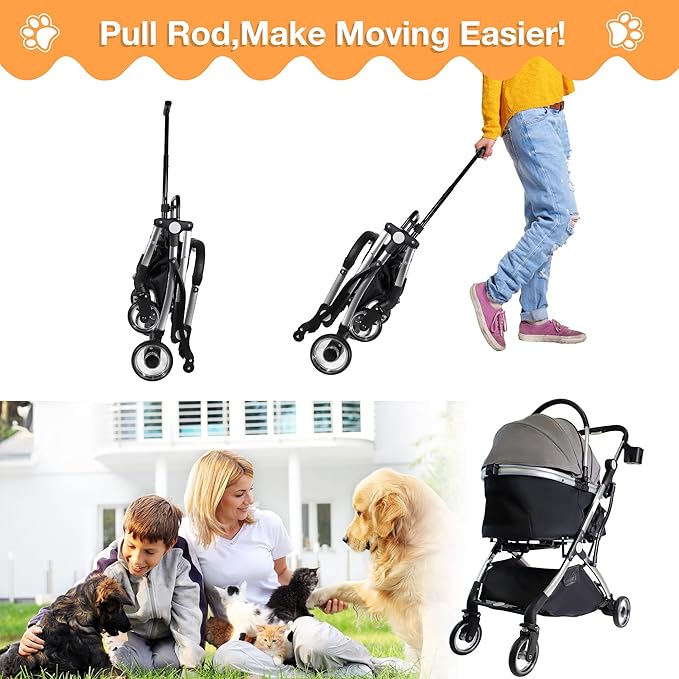 Dog Stroller for Small Medium Dogs, 3 in 1 Folding Pet Stroller Up to 33 lbs, 4 Wheels Pet Strolling Cart with Zipperless Entry, Cat Dog Travel Carrier with Telescopic Handle and Storage Basket-PurrikoPets