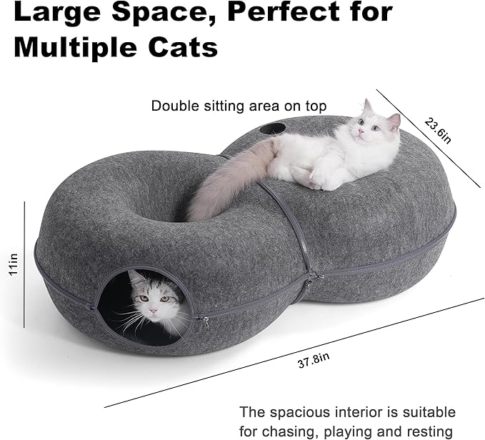 8-Shaped Large Cat Tunnel Bed for Indoor Cats, Infinite Circulation Peekaboo Cat Cave with 12 Toy Balls, Cat Donut Tunnel for Cats up to 30 Pounds (Dark Grey, L 38x24x11in)-PurrikoPets