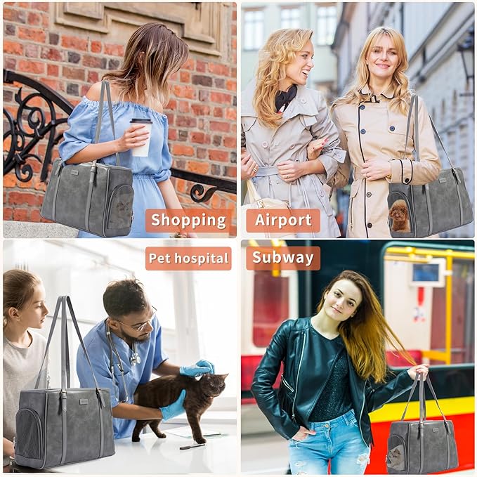 Fashion Dog Purse Pet Carrier Leather Bag for Small Dogs Cats Puppy, Portable Tote Bag Airline Approved Soft-Sided Carriers (Grey)-PurrikoPets