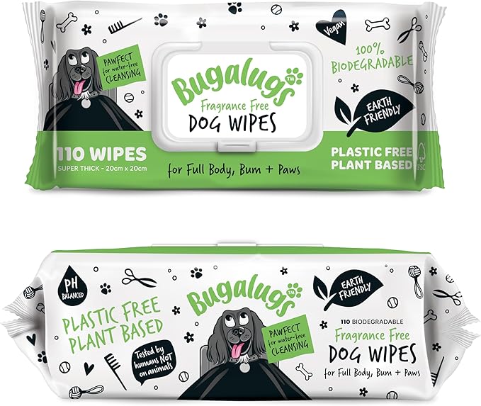 Dog Wipes, 100% Plastic Free Biodegradable pet Wipes for Full Body, Eye Wipes, Ear Wipes, Bum & Paws. 110 Sensitive Dog Grooming Wipes for Dogs, Puppy & cat Grooming (Fragrance Free)-PurrikoPets