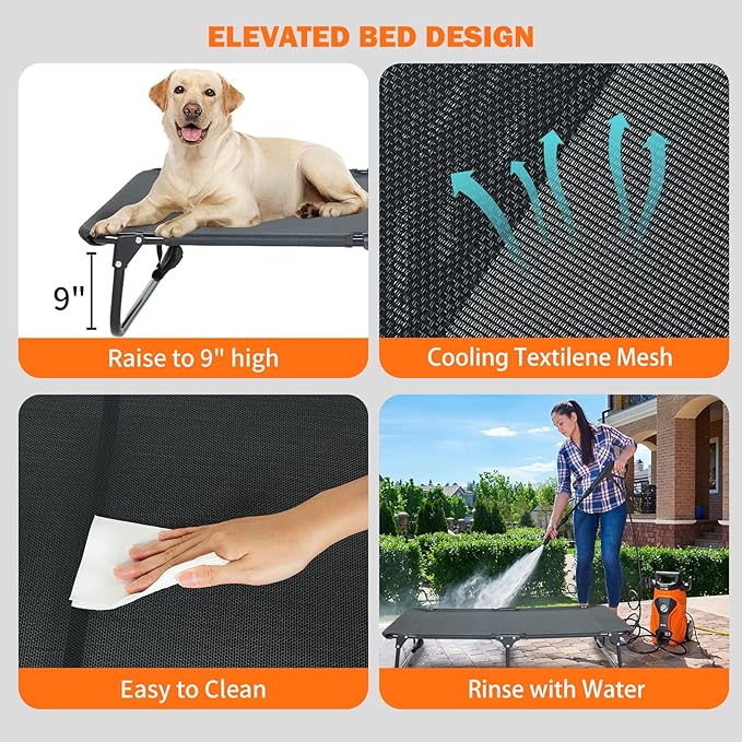 Dog Elevated Bed Foldable Portable Raised Bed Camping cot Outdoor Summer Dog Bed (Large, Grey-Textilene)-PurrikoPets
