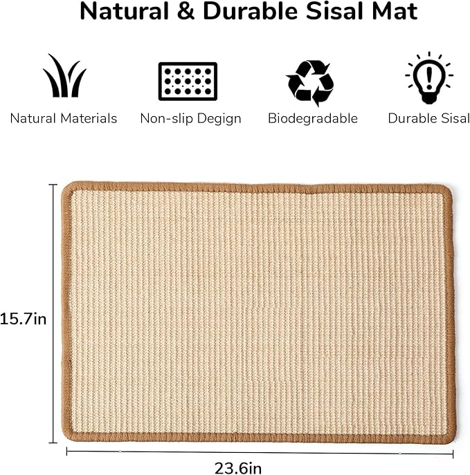 FUKUMARU Cat Scratcher Mat, 23.6 X 15.7 Inch Natural Sisal Cat Scratch Mats, Horizontal Cat Floor Scratching Pad Rug with Sticky Tapes, Protect Sofa and Carpet-PurrikoPets