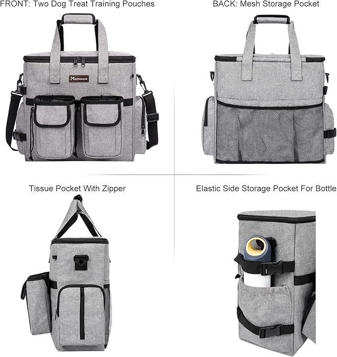 Airline Approved Dog Travel Bag with 2 Dog Treat Training Pouches, Tote Organizer for Weekend Pet Travel Supplies & Accessories, 2 Collapsible Bowls, 2 Food Container (Grey)-PurrikoPets