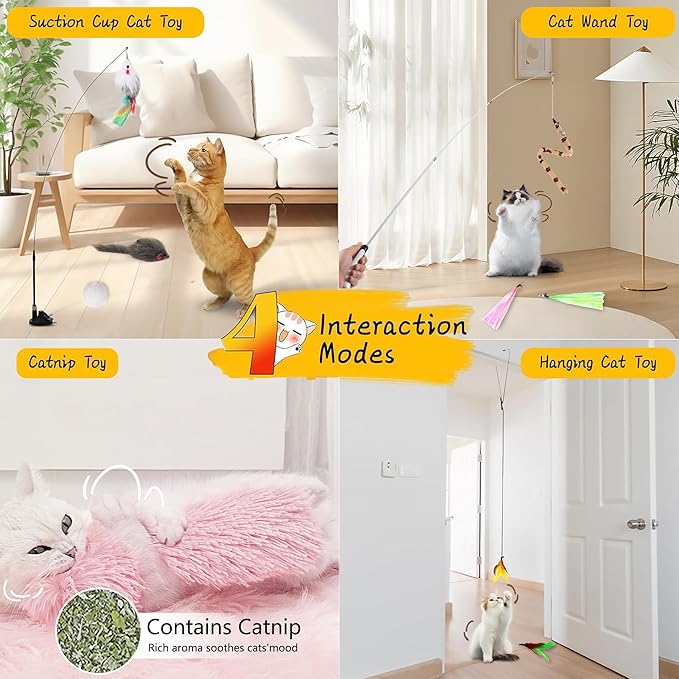 4-in-1 Interactive Cat Feather Toys with Durable Retractable Fishing Pole, Enhanced Suction Cup Toy, Door Hanging Teaser Toy and 11 Attachments Replacements for Bored Indoor Adult Cats-PurrikoPets