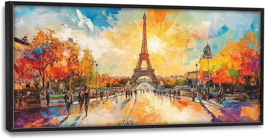 Framed Large Eiffel Tower Wall Art for Living Room, Oversized Paris City Street Landscape Wall Decor, Colorful Sunrise Canvas Painting Modern Artwork for Living Room Bedroom Office 60"x30"-PurrikoPets