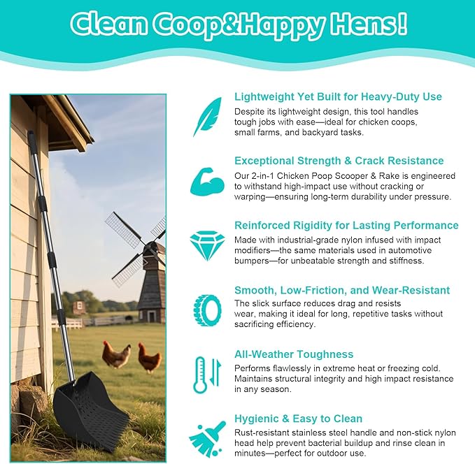 12-Inch 2-in-1 Chicken Poop Scooper & Rake – US Patent Pending – 3-Shape Sifting Holes Chicken Coop Rake，Stainless Steel Handle （20–61"）– Litter Scoop Sand & Sifting Shovel for Chicken Coops (Black)-PurrikoPets