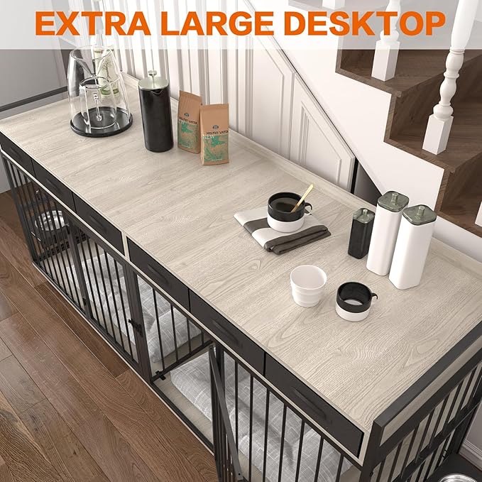 86.6inch Dog Crate Furniture with Storage,Furniture Style TV Stand Dog Kennel for 2 Dogs,with 6 Drawers,Removable Divider&Adjustable Bowls,Heavy Duty Metal Chew-Resistant Dog Crate Furniture-PurrikoPets