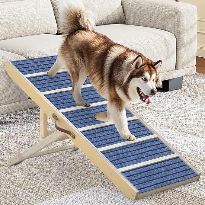 Dog Ramp for Bed, Upgraded 46.8" Long Portable Dog Ramp for Couch, Wood Folding Pet Ramp for All Breeds Large Old Dogs to Get on Bed, 5 Adjustable Heights 14.8" to 26.2" (Wood, Up to 150lbs)-PurrikoPets