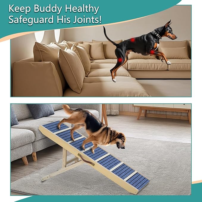 Dog Ramp for Bed, Upgraded 46.8" Long Portable Dog Ramp for Couch, Wood Folding Pet Ramp for All Breeds Large Old Dogs to Get on Bed, 5 Adjustable Heights 14.8" to 26.2" (Wood, Up to 150lbs)-PurrikoPets