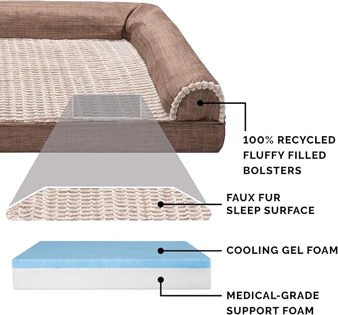 Furhaven Cooling Gel Dog Bed for Large Dogs w/ Removable Bolsters & Washable Cover, For Dogs Up to 125 lbs - Luxe Faux Fur & Performance Linen Sofa - Woodsmoke, Jumbo Plus/XXL-PurrikoPets
