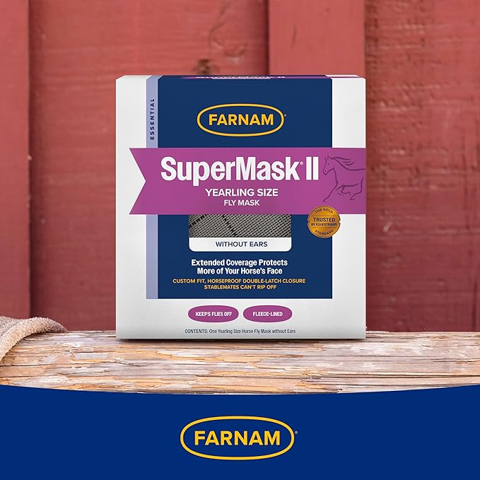 Farnam SuperMask II horse fly mask without ears, extended coverage, protects eyes from insects and debris, adjustable throat latch, Yearling size-PurrikoPets