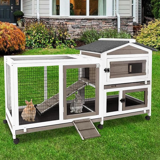 57" L Rabbit Hutch Indoor Outdoor 2 Story Large Bunny Hutch with Run Guinea Pig Cage Wooden Rabbit Cage with Removable 3 Pull Out Trays Pet House for Small-Medium Animals-PurrikoPets