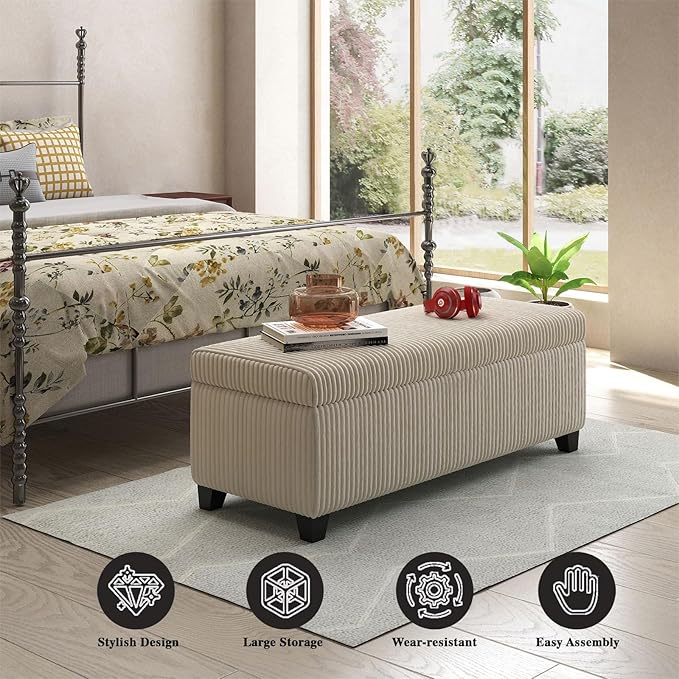 48" Ottoman with Storage, Corduroy Storage Ottoman Bench for Bedroom, End of Bed Bench with Safety Hinge for Living Room, Bedroom, Entryway, Beige-PurrikoPets
