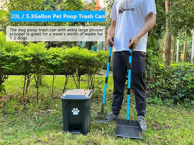 Dog Poop Trash Can for Outdoors with Extra Large Pooper Scooper & 50 Waste Bags - 20L/5 Gallon Large Dog Poop Trash Can Outside with Lid and Removable Inner Bucket Waterproof Odor Control for Backyard-PurrikoPets