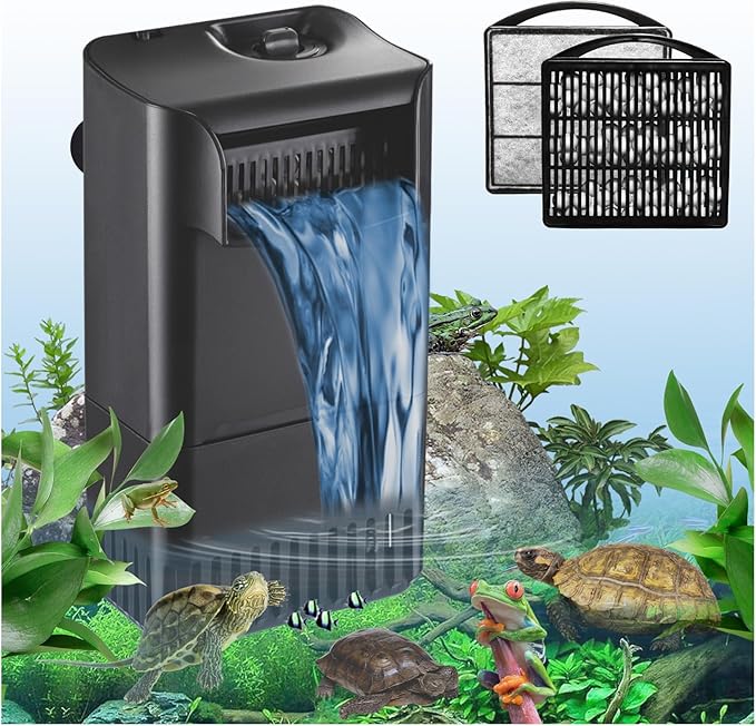 222GPH 10W Turtle Tank Filter Aquarium Filter Power Adjustable 10-40 Gal. Small Internal Filter 3-Stage Waterfall Bio-Filtration Quiet Low Water Level for Freshwater Saltwater Fish Tank Easy to Clean-PurrikoPets
