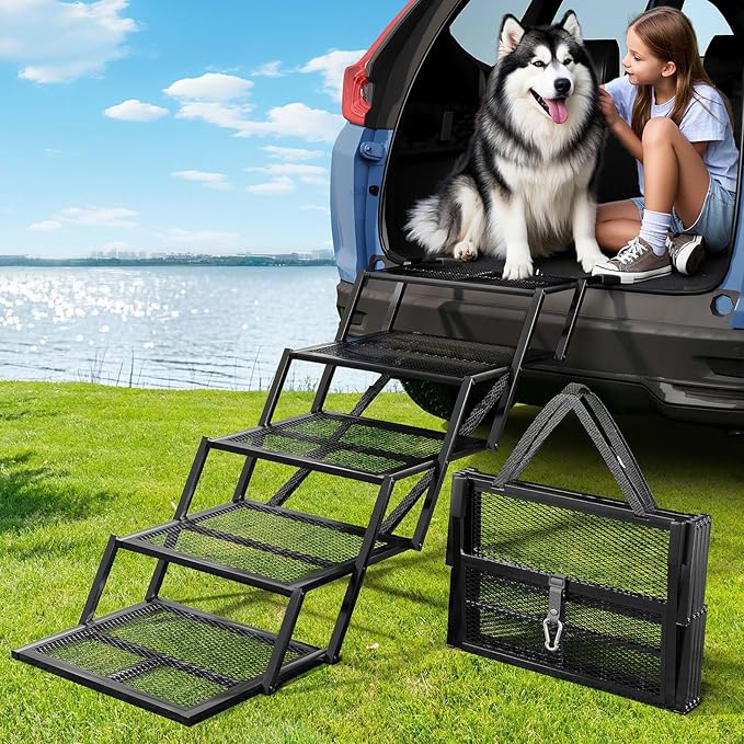 Dog Stairs for Large Dogs, Linvivon Extra Wide 20" Dog Steps with Non-Slip Surface and Reflective Strips, Outdoor Foldable Dog Ramp for Stairs, Car, Truck and SUV, Supports Up to 400LBS, 5 Steps-PurrikoPets