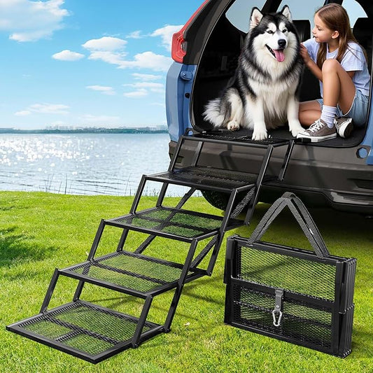 Dog Stairs for Large Dogs, Linvivon Extra Wide 20" Dog Steps with Non-Slip Surface and Reflective Strips, Outdoor Foldable Dog Ramp for Stairs, Car, Truck and SUV, Supports Up to 400LBS, 5 Steps-PurrikoPets