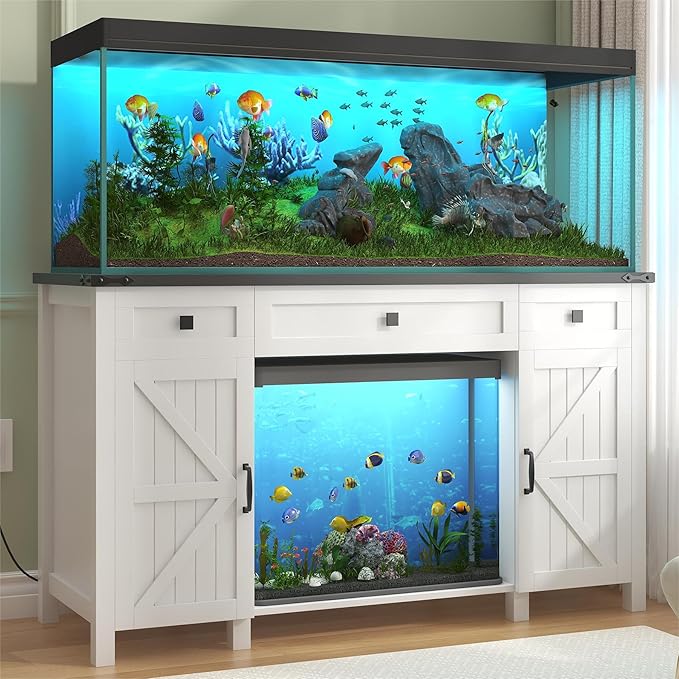 55-75 Gallon Aquarium Stand With Charging Station, Farmhouse Fish Tank Stand, Reptile Tank Stand Terrarium Stand with Drawer and Cabinet Storage, Sturdy Heavy Duty 53.5"×19.7" Tabletop - White-PurrikoPets