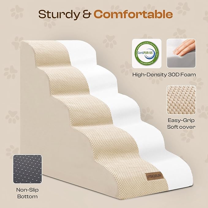 Dog Stairs for High Beds, Extra Tall 24.5" 5-Step Pet Steps for Medium & Small Dogs, Foam Ramp for Tall Couch & Bed, Washable Cover - Dog Steps for Bed-PurrikoPets