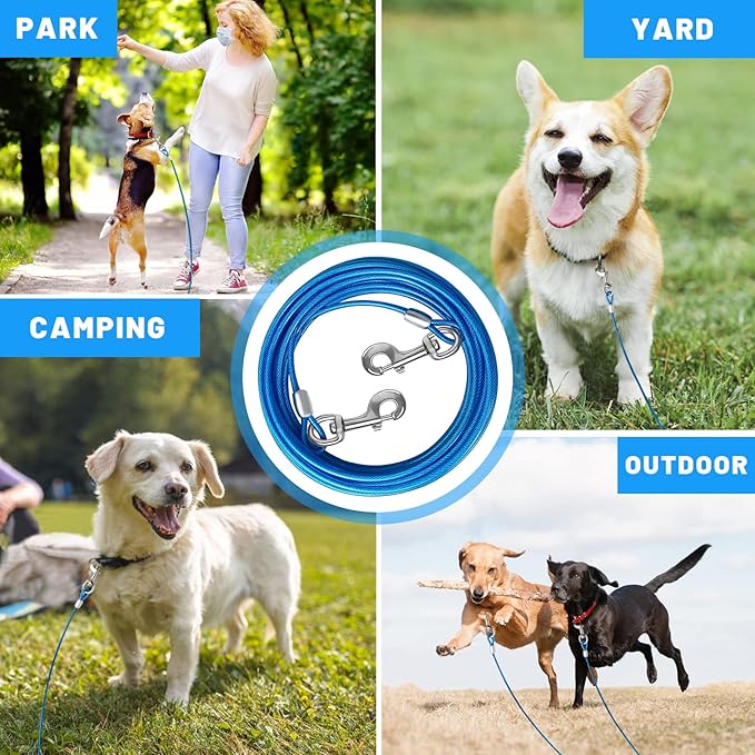 10/15/20/25/30 FT Dog Tie Out Cable - Steel Wire Dog Runner with Durable Clips for Outside Lead - Blue - Up to 165 lbs-PurrikoPets