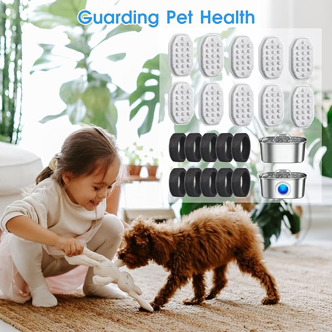 20 Pack Cat Water Fountain Filters-Cat Fountain Replacement Filters for Stainless Steel 3.2L/108oz Adjustable Water Flow Cat Fountain(10 Pack Pet Water Filter Refills+10 Pack Sponges)-PurrikoPets