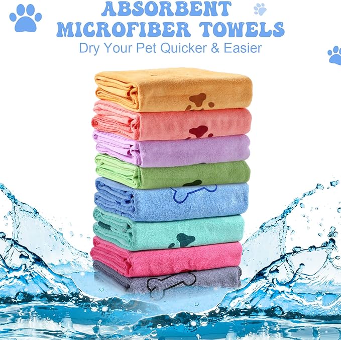 8 Pcs Dog Towels Pet Bath Drying Towels 55 x 28 Inches Large Absorbent Microfiber Quick Fast Drying Soft Beach for Lightweight Cat and Puppy Shower Essentials Cleaning Accessories(Multicolor)-PurrikoPets