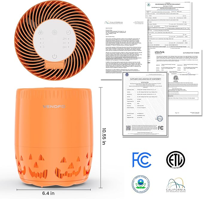 Air Purifiers for Home Bedroom up to 1076ft², True HEPA Air Filters Dust Pets Smoke Hair, 3 Fan Speeds Quiet, Timer Settings, Rechargeable Air Cleaner Office, Bedroom, Pets, Car(Orange)-PurrikoPets