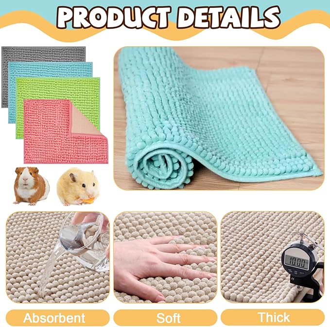 8 Pcs Guinea Pig Liner Washable Rabbit Cage Liner 16x12 Inch Guinea Pig Fleece Mats Reusable Bedding Pee Pads for Small Animals, Bunny (Gray, Green, Pink, Blue)-PurrikoPets
