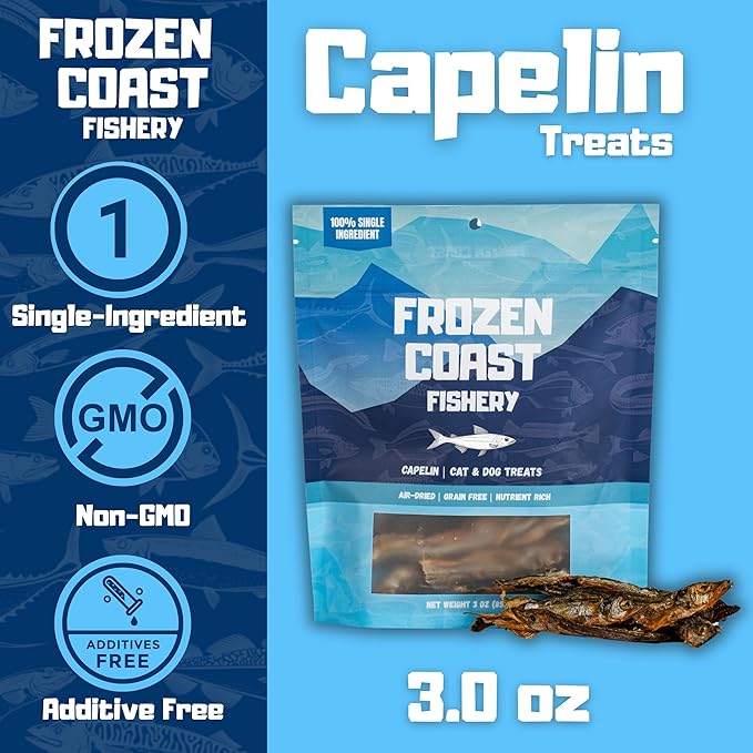 Frozen Coast Capelin Cat & Dog Treats- Single-Ingredient, All-Natural, High-Protein, Omega-3s, Fish Snacks (3 oz Bag)-PurrikoPets