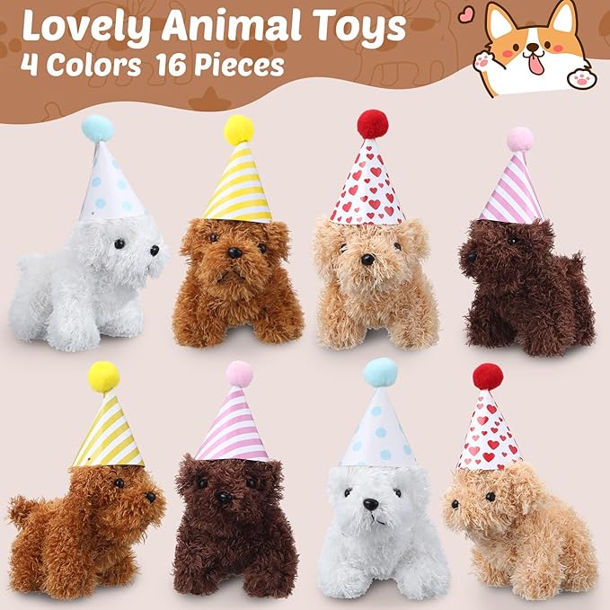 20 Pcs Mini Plush Dog Bulk 4 Inch Small Stuffed Puppy Set Include 20 Adopt a Pet Kraft Paper Boxes and 20 Cute Cone Hats Soft Dog Animals for Kids Birthday Adopt a Puppy Favor Gifts-PurrikoPets