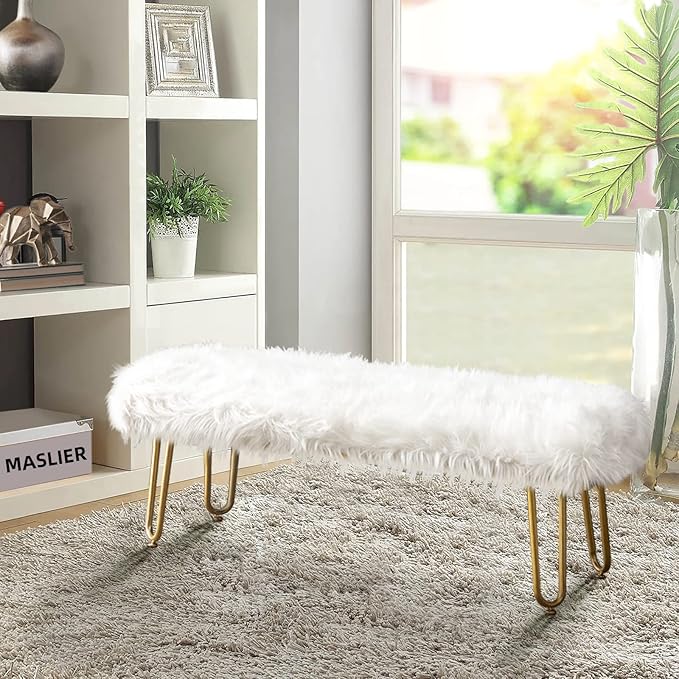 42.5Inch White Bedroom Bench, Benches for Bedroom White Faux Fur Upholstered Bed end Bench, Tufting Bench Indoor Bench with Metal Legs for Living Room Bedroom Dining Room Entryway-PurrikoPets