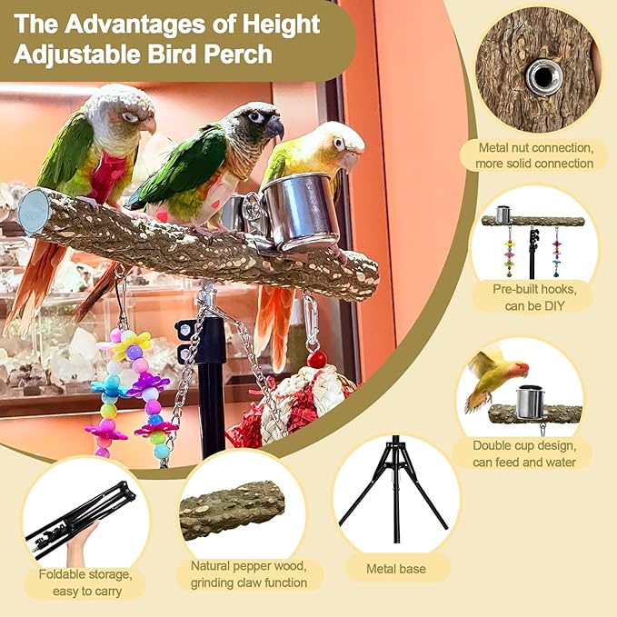 16-63 Inch Height Adjustable Bird Perch Pepper Wood Parrot Training Perch Stand with Feeding Cups and Swing Toy Parakeet Perches Indoor and Outdoor Parrot Stands for Small to Medium Bird-PurrikoPets