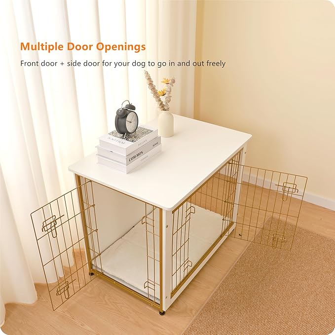 DWANTON Dog Crate Furniture with Cushion, Wooden Kennel Table with Double Doors, Indoor Dog House, Medium Size, 32.5" L, White-PurrikoPets